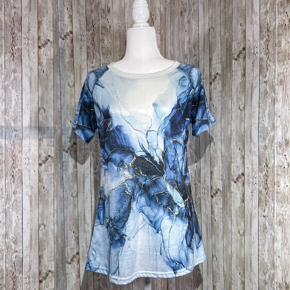 Tops - Women’s Short Sleeve Tee | Blue & White Marble | Crew Neck | Size Medium